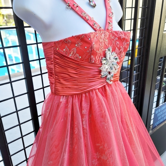 Sherri Hill Coral Tulle Dress Girls 12 (w/ Brooch & Beaded Straps) | Pageantwear - Picture 10 of 16